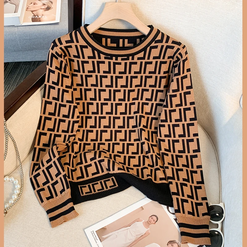 Fashion Women Vintage Plaid Jacquard Sweater Long Sleeve Jumpers Knitwear Autumn Winter Pullovers High Quality Knitted Sweaters