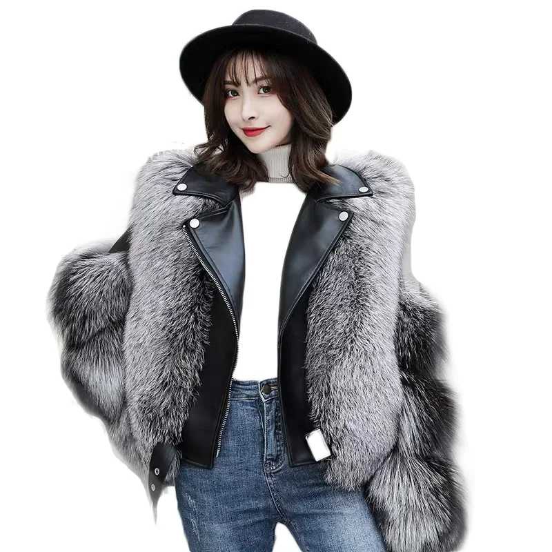 Custom Luxury Silver Fox Fur Coat Winter Women Genuine Leather Jacket Ladies Fox Fur Coat Real