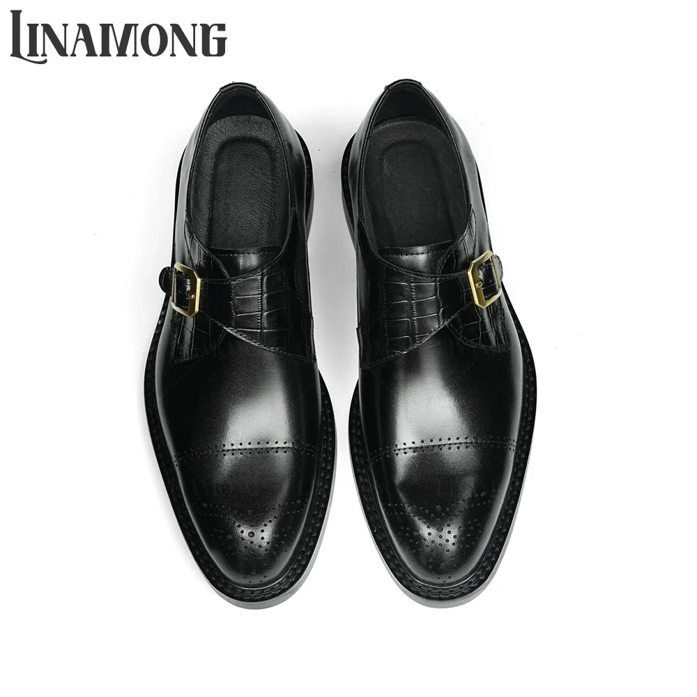 

Genuine Leather Monk Shoes Carved Cap Toe Business Dress Shoes Designer Style Handmade Polished Leather Buckle Shoes for Men