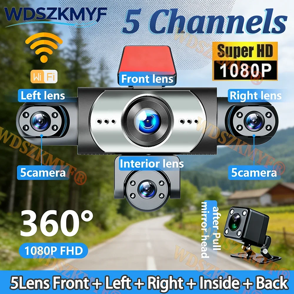 

Новый 5-канальный видеорегистратор 360° ° Видеорегистратор HD 1080P с Wi-Fi и приложением, автомобильная камера для записи видео, передняя, левая, правая, задняя камеры, 4-канальный видеорегистратор
