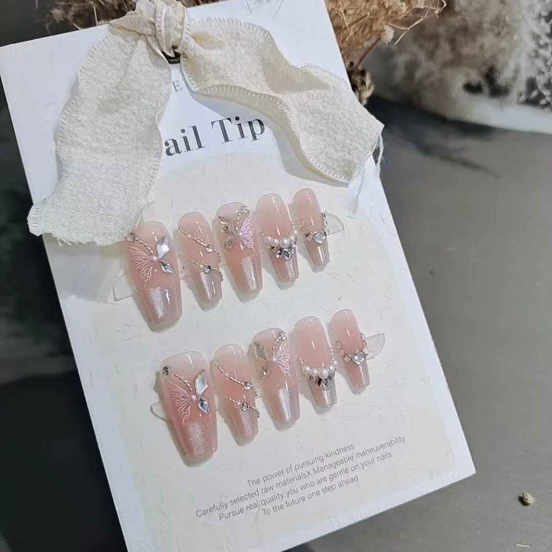 

10pcs Handmade Press on Nails Butterfly Crystal Cat's Eye French Full Coverage Nail for Women&Girl Removable Wearable Nail