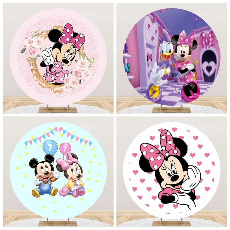 

Disney Minnie Mickey Mouse Backdrop Round Custom Baby Shower Cartoon Decoration Background Kids Birthday Party Photo Decor