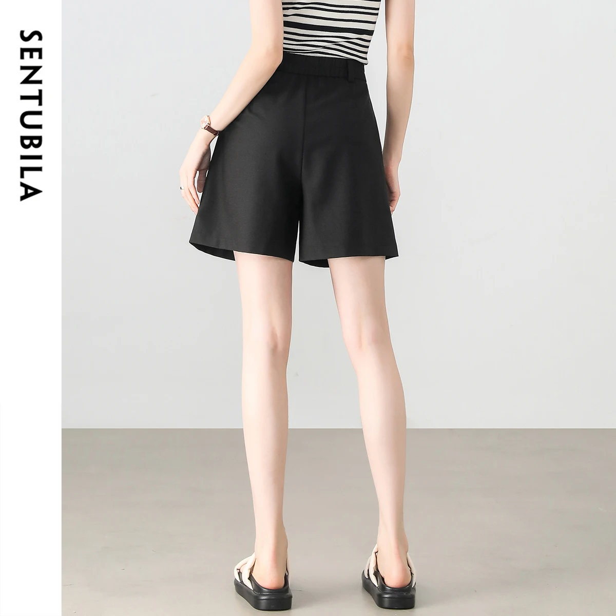 SENTUBILA Women Shorts 2025 Summer High Waist Folds A Line Wide Legs Twill Texture Ladies Solid Color Women Clothing 152K58764
