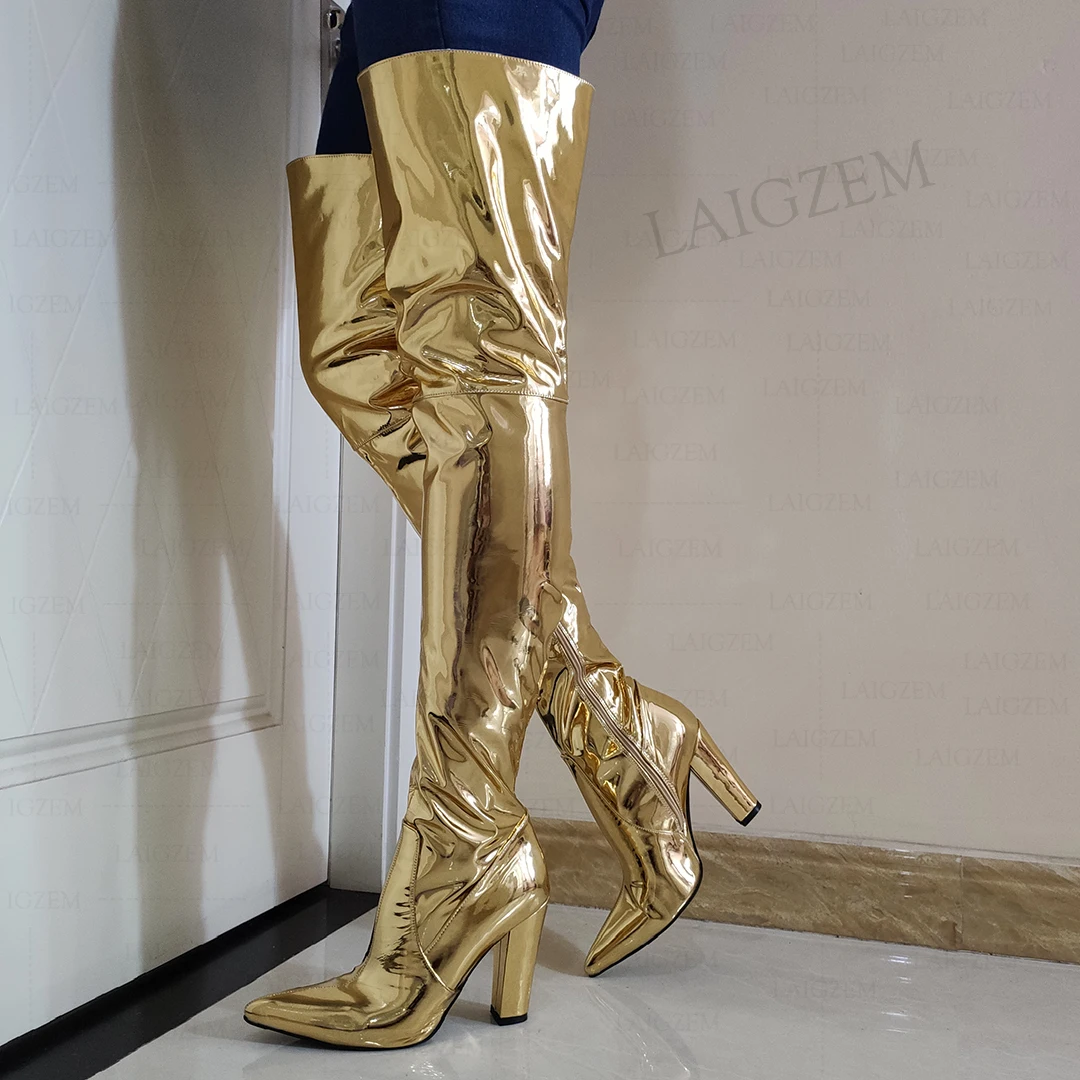 BERZIMER Women Thigh High Boots Side Zip Thick High Heels Boots Crotch High Shiny Ladieds Female Shoes Woman Plus Size 40 45 47