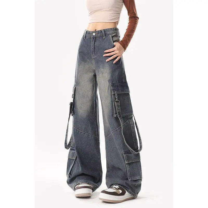 American Retro Baggy Cargo Jeans Women High Waist Vintage Denim Pants Mutil Pockets Streetwear Wide Leg Trousers Pantalones