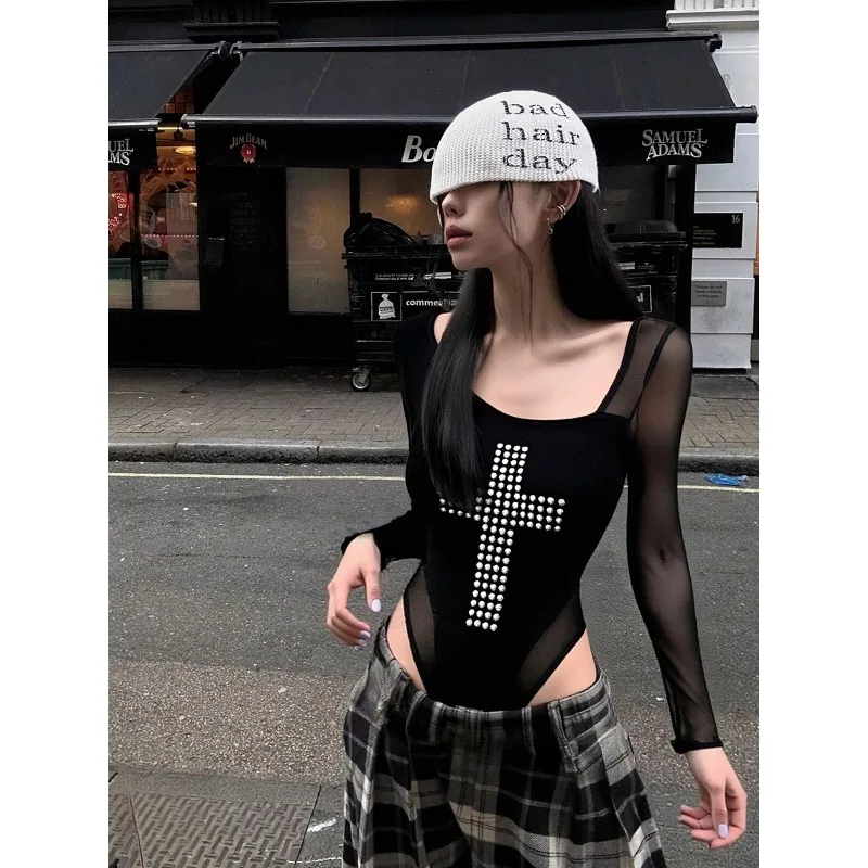 Jumpsuit Woman Sexy Cross Drill Grenadine Tightness Irregular Long Sleeve New Comfortable Brief Leisure Minority Individuality