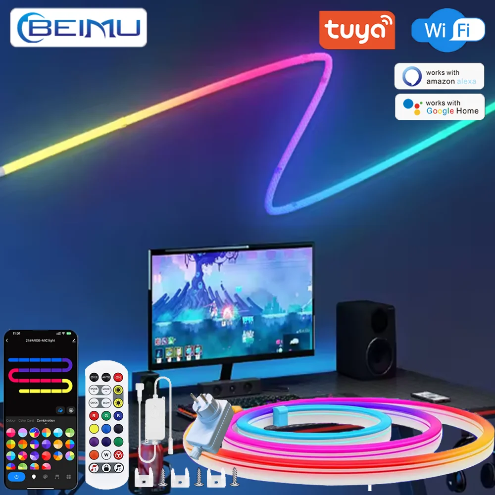 BEIMU TUYA RGBIC LED Neon Strip Lights 24V WIFI Waterproof Silicone With Alexa/Google Home/Smart Life APP Control For Home Decor