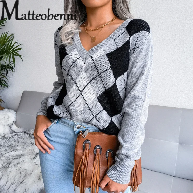 College Style Rhombus Sweater Women Elegant V Neck Pullover Jumpers Female Autumn Winter Casual Loose Knitwear Trend Streetwear