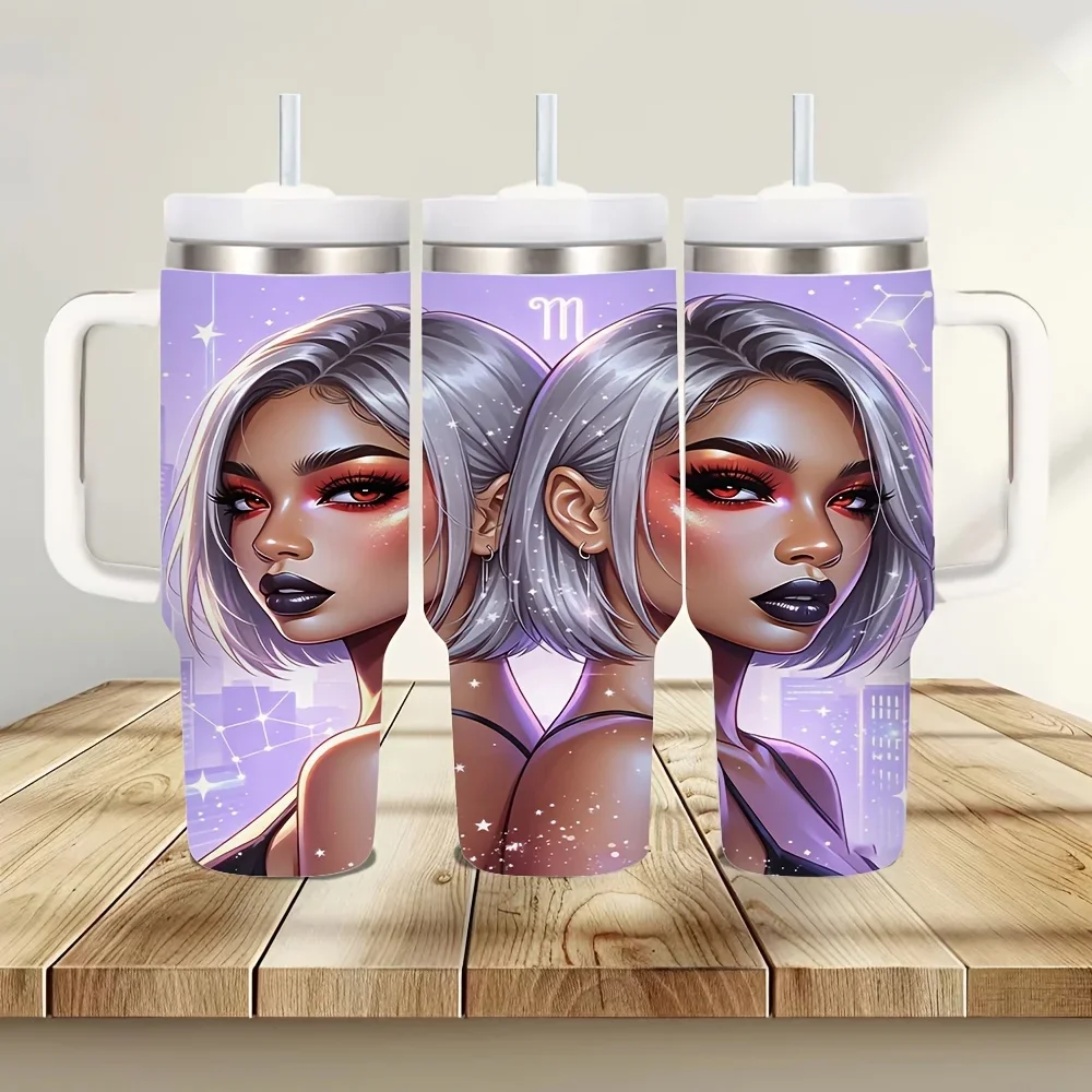 40Oz Tumbler with Handle And Straw, Virgo Zodiac Beautiful Girl Print, Suitable for Astrology Fans, Fits Hot And Cold Drinks, for Summer And Winter, Ideal for Daily Use, Travel And Indoor Outdoor Scenes