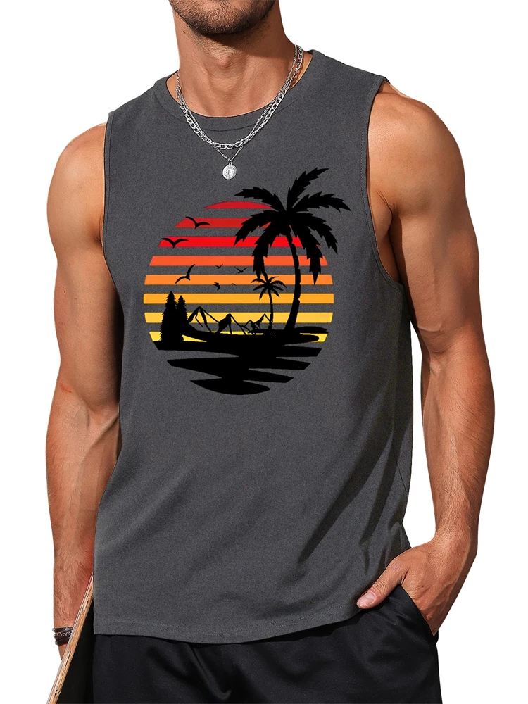 Men's Sunset Beach 3D Print Tank Top Stylish Hawaiian Vacation Style New Summer Arrival: Loose-Fit Round Neck Sleeveless Tank