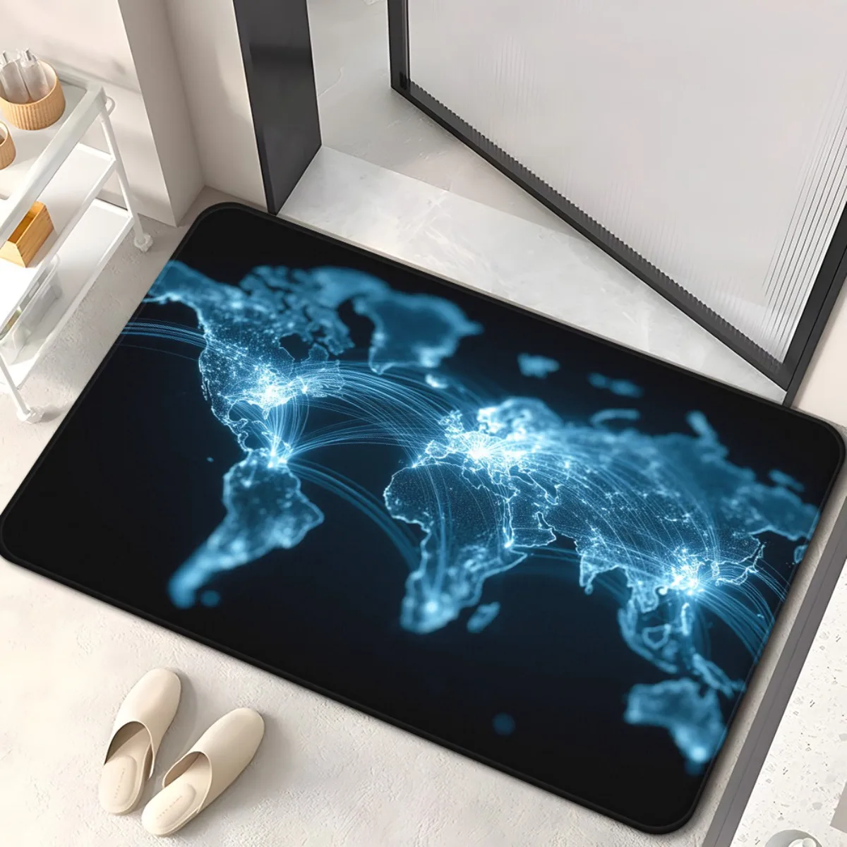 1pc World Map Design Door Mat - Non-Slip Backing, Machine Washable Absorbent Mat with Glowing Global Network Pattern in Blue/Bla