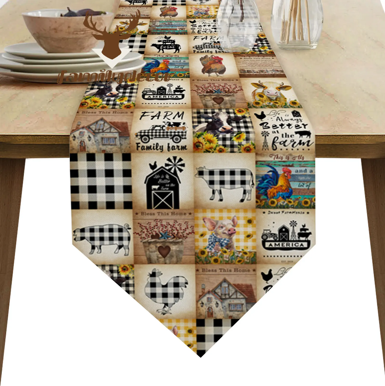 Farm Retro Chicken Cow Pig Sunflower Table Runner Modern Party Dining Table Runner Wedding Table Decor Tablecloth and Placemats