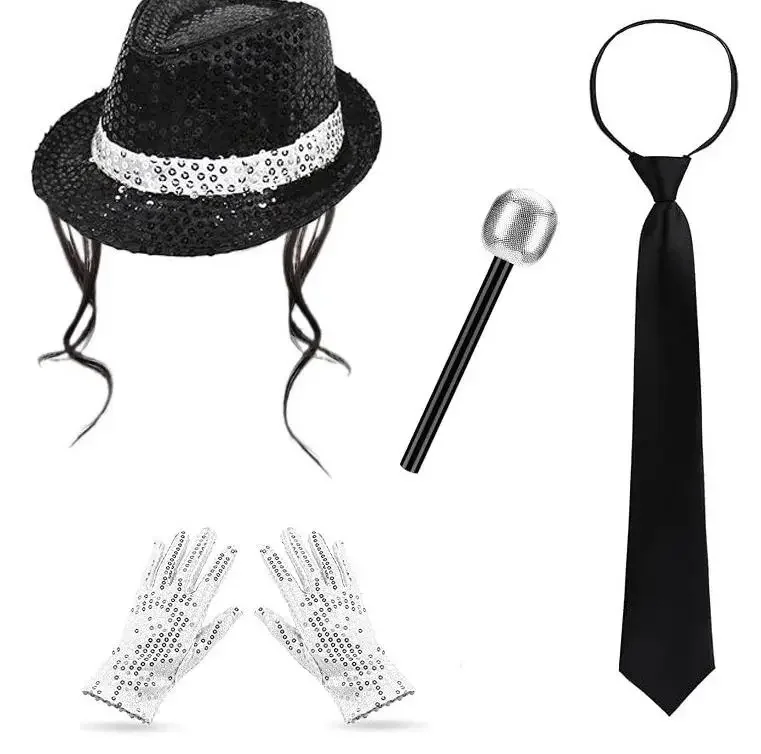 Accessoires de cosplay Michael Jackson Superstars des années 70-80 : Chapeau MJ avec perruque, gants et lunettes – Ensemble pour fans, costumes de performance, cadeaux d'anniversaire et de danse