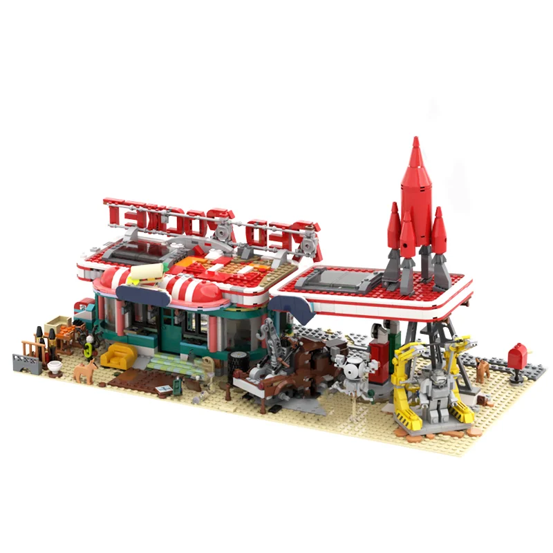 1996pcs MOC Red Rocket Modular Streetscape Gas Model Building Blocks Home Decoration, Home Decor Office Desk Decor Gift For Him