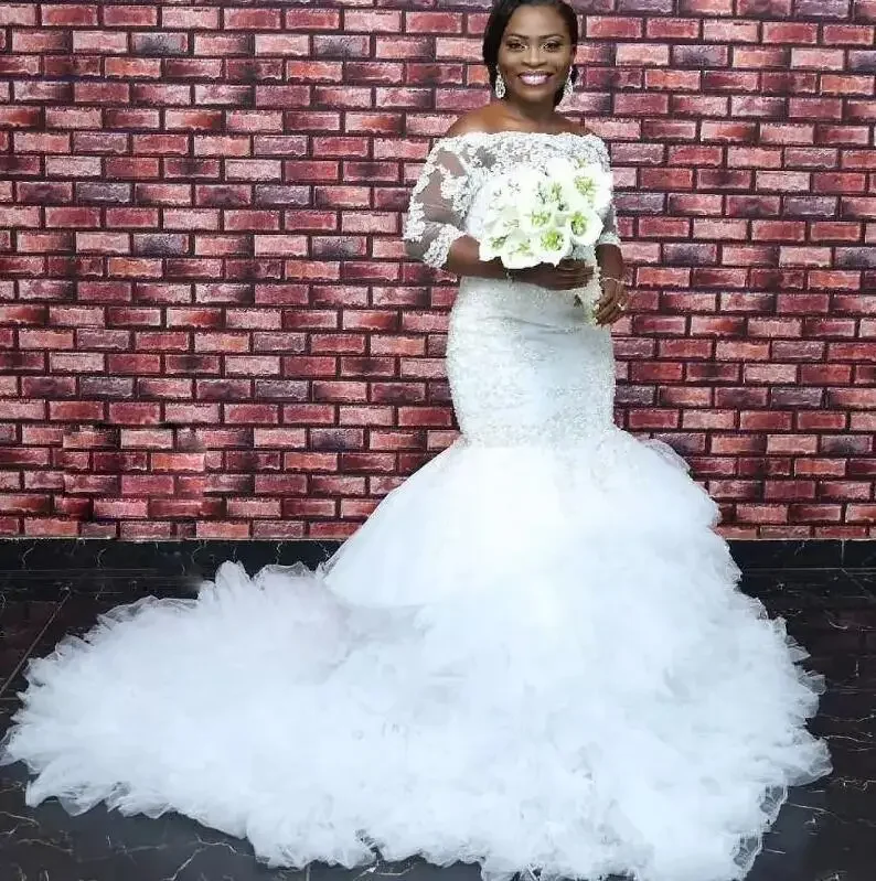 Customized Ruffles Cathedral Train Mermaid Dresses Long Sleeve Lace Tulle African Nigeria Plus Size Church Wedding Gown