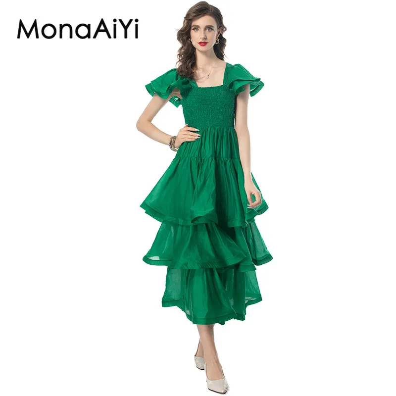 

MonaAiYi Summer Women's Dress Square-Neck Butterfly sleeve Tiered Ruffles Green Casual Holiday Ball Gown Dresses