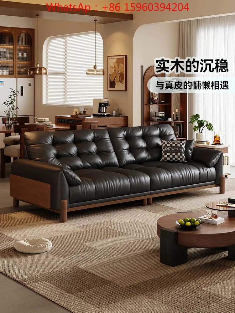 Medieval living room solid wood sofa retro first layer cowhide 2025 new black sofa
