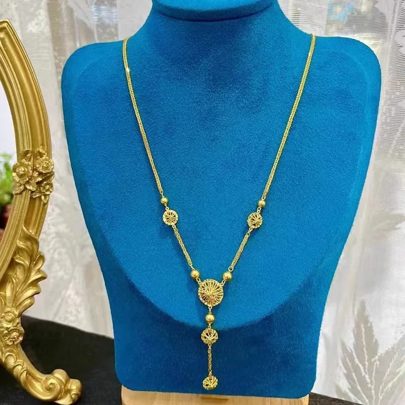 Light luxury 24K real gold hollow circle tassel chain women's au9999 gold fashion collarbone chain