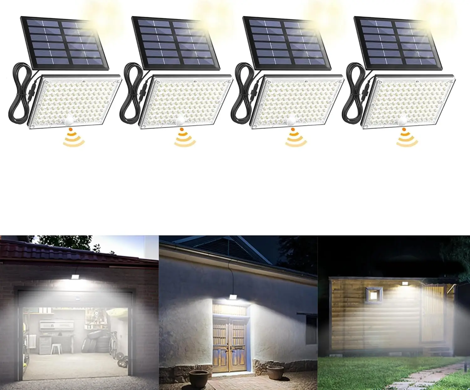 

Solar Outdoor Flood Lights with Motion Sensor, 113 LEDs, IP65 Waterproof, 16ft Cable for Garden Security - 4 Pack