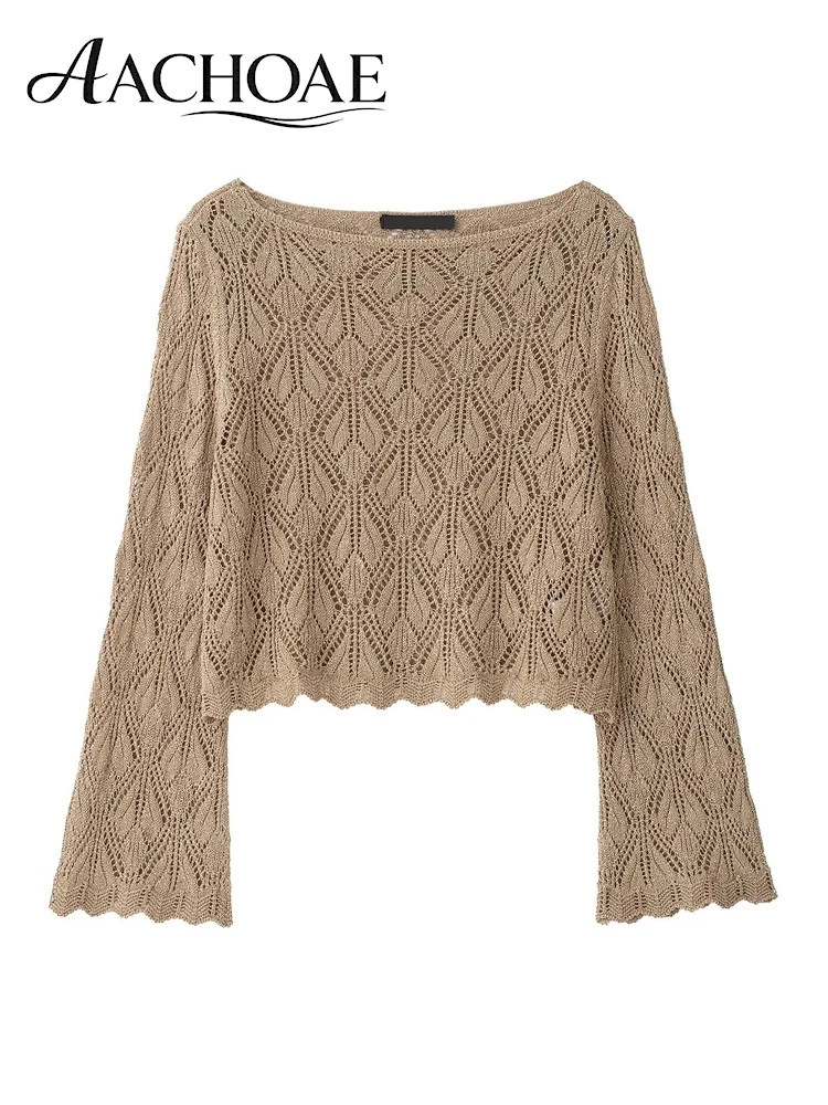 AACHOAE Women's Crochet Knit Sweater Hollow Out Boat Neck Long Bell Sleeve Lightweight Cropped Pullover Knit Top Casual Cover Up