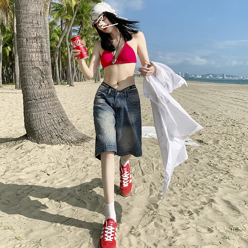 Spring and Summer American Retro Quarter Jeans Women's Stand Cut Loose Low Waist Washed Straight Pants