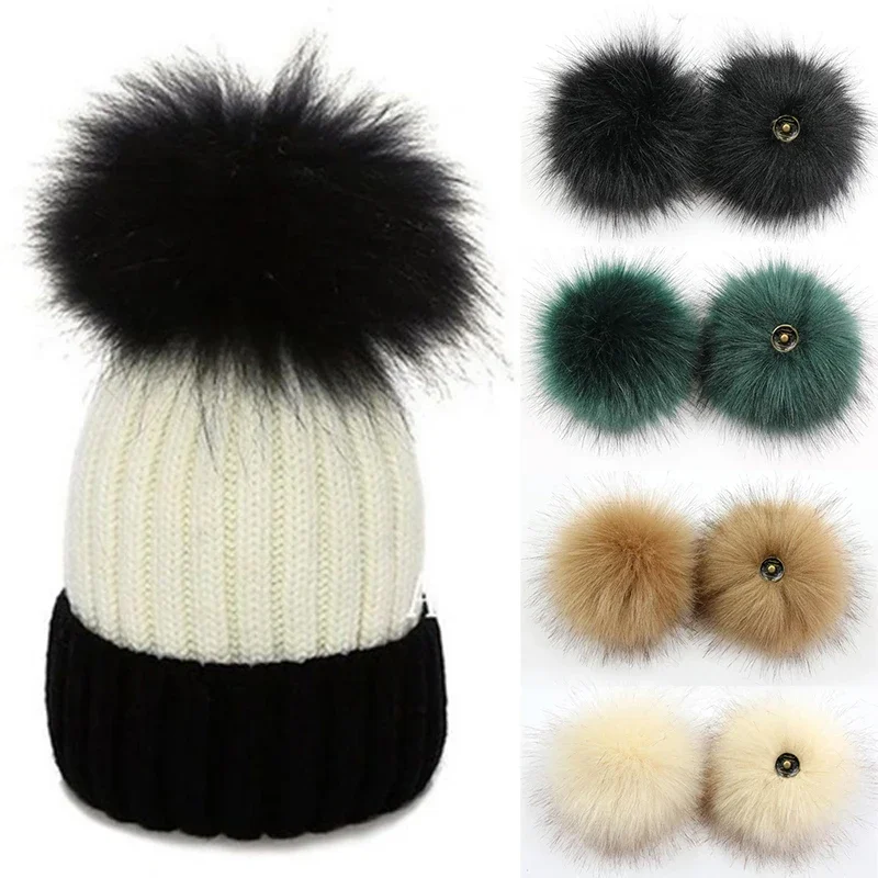 2PCS 12cm Large Pom Poms with Press Button Fluffy Faux Fur Pompom Buttons for Baby Girls Pompon Beanie Hat Hairball Accessor