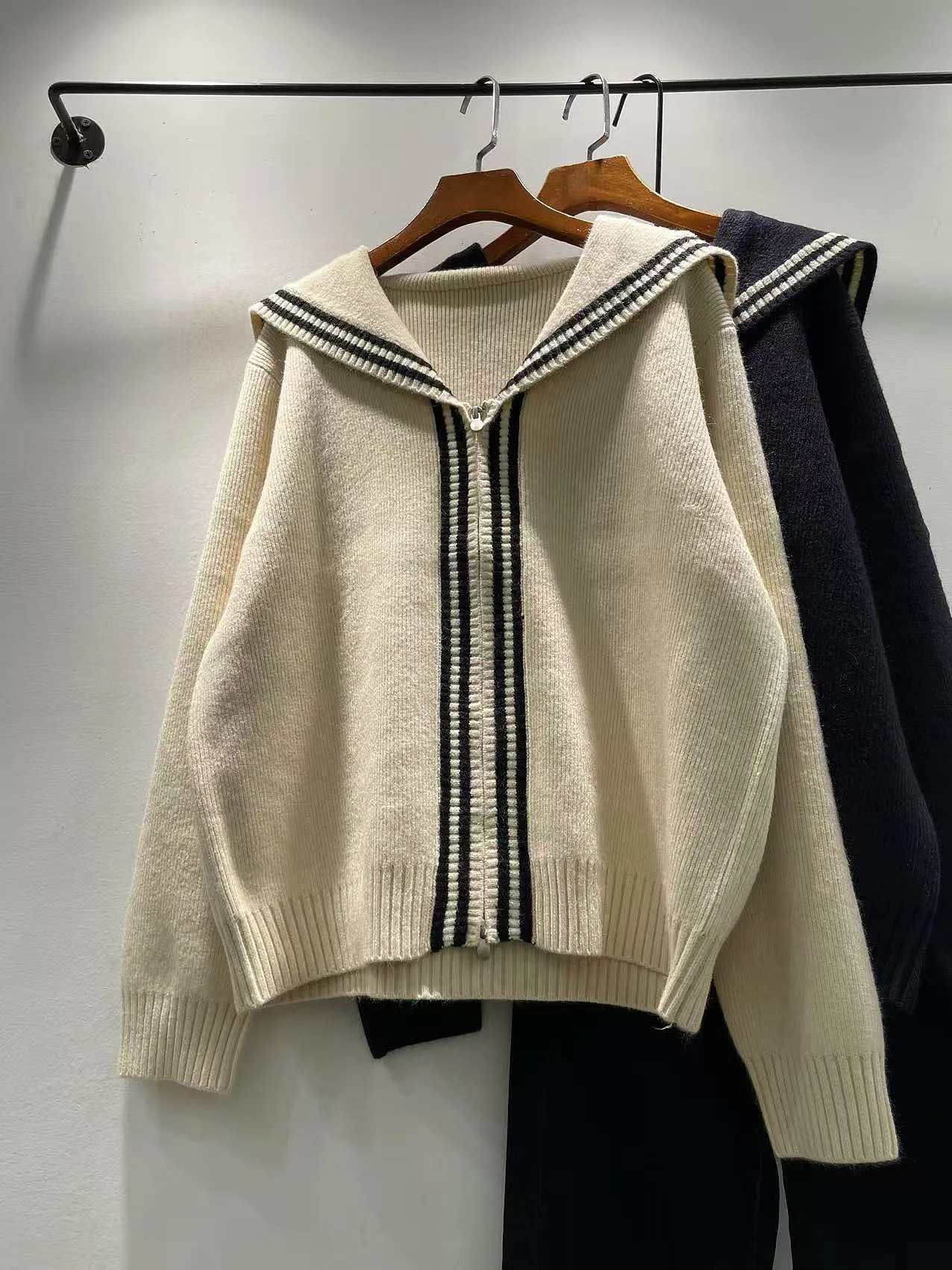 

Осень-зима женский трикотаж кардиган длинный све темно-синий воротник Thi Core пряжа на молнии теплая верхняя одежда Fem Faion Sweet ...