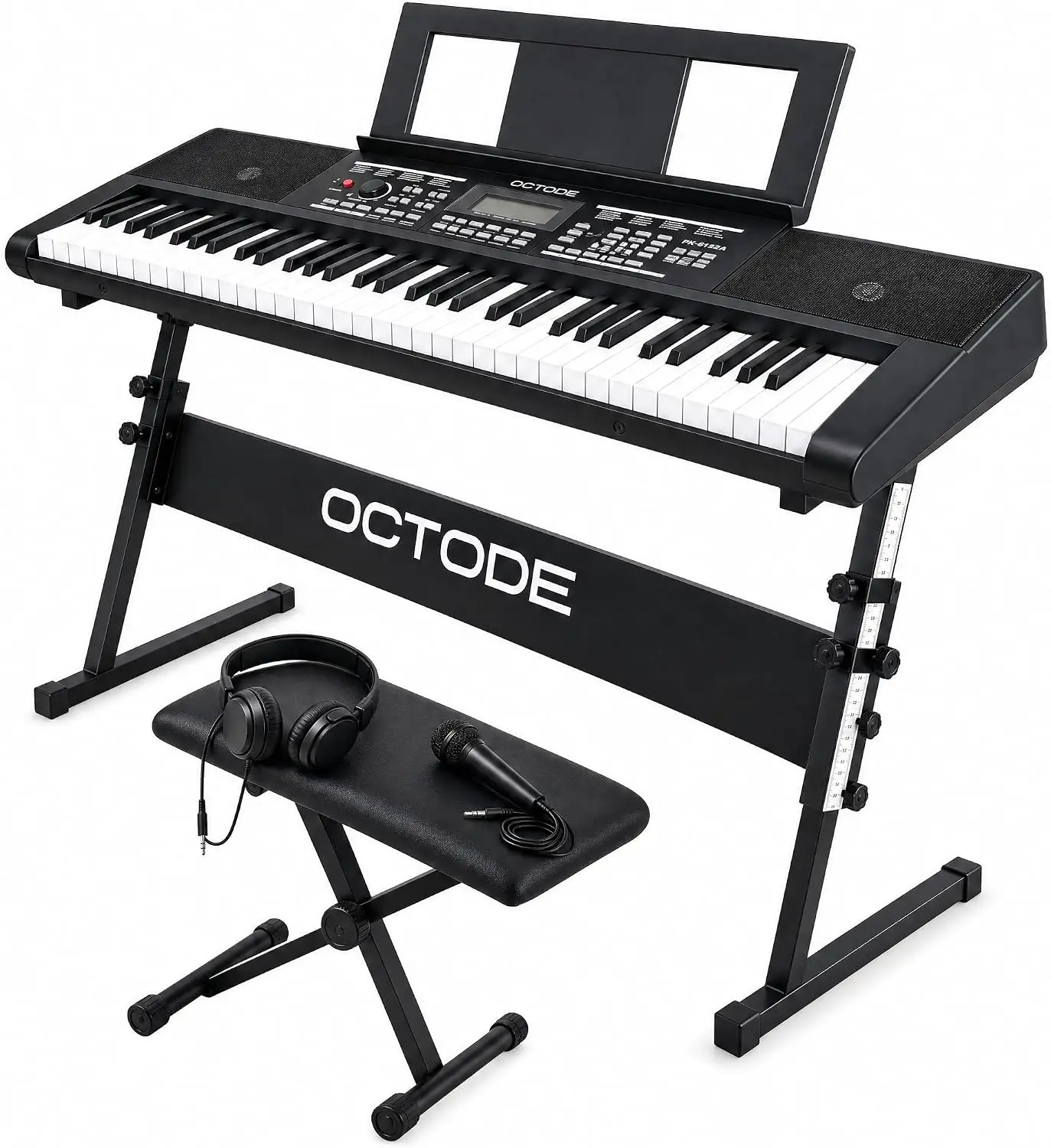 Beginner 61-Key Electronic Piano Keyboard Set with Stand and Bench, Full-Size Keys, Dual 5W Speakers, 500 Tones and 500 Rhythms, USB MIDI, Headphones, Microphone