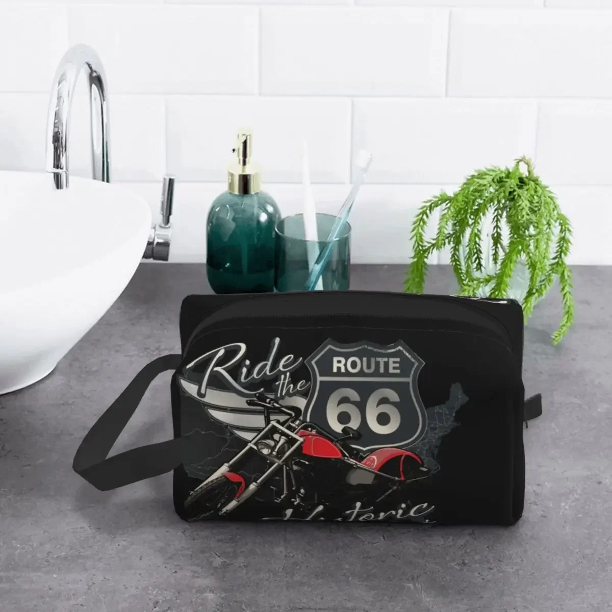 Viagem Motocicleta Ride Route 66 Bolsa de maquiagem para mulheres, organizador de cosméticos, US numeradas Highways Storage, sacos de higiene pessoal, moda