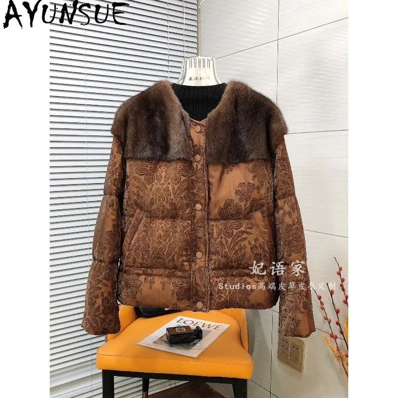 AYUNSUE Women's Down Coats Whole Mink Fur Collar Goose Down Jackets for Woman Elegant Embroidered Outerwears Woman Clothes