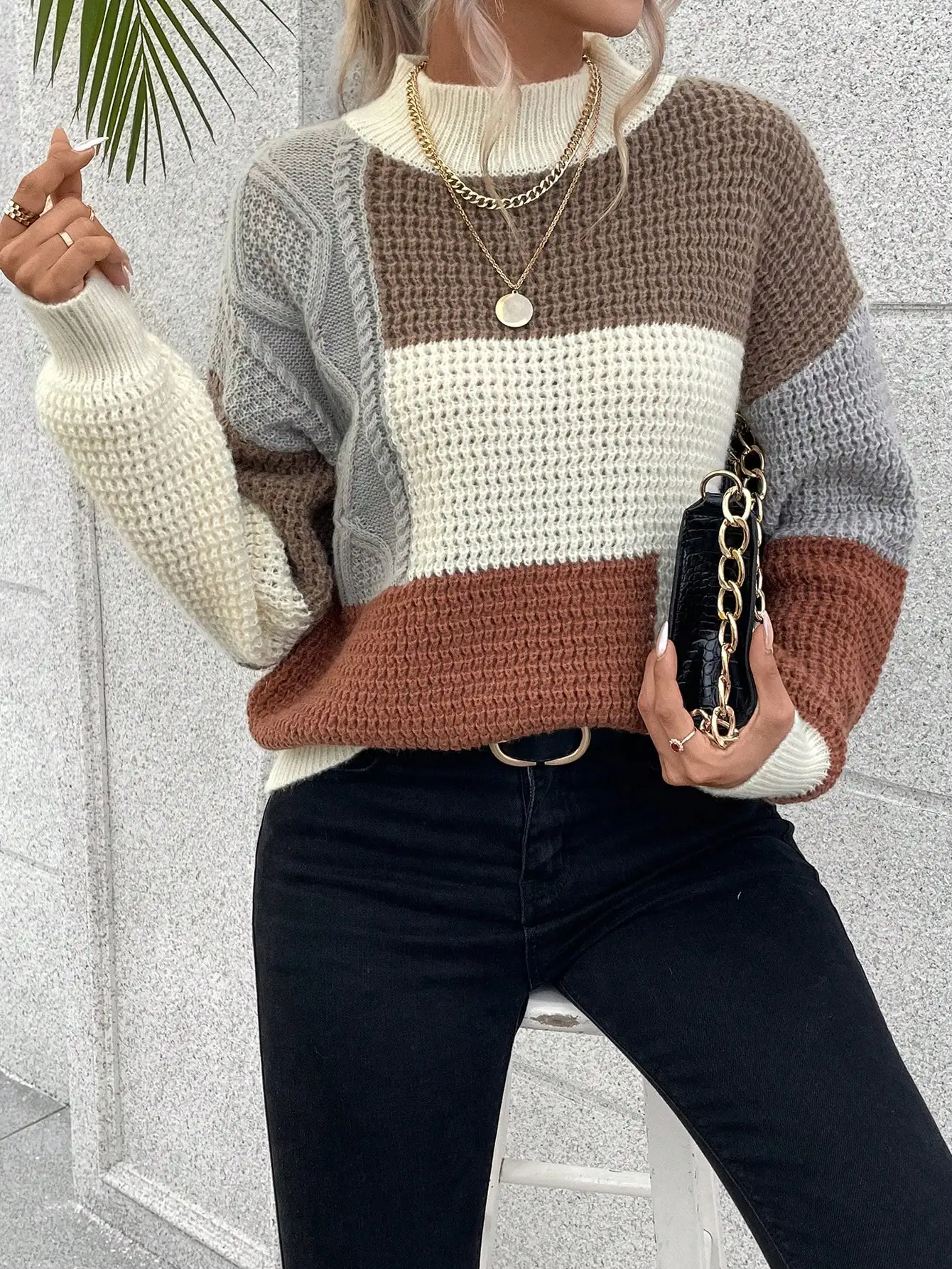 

Вязаный свитер с цветными блоками и спущенным плечом для женщин, пуловер с длинными рукавами, осенне-зимний наряд