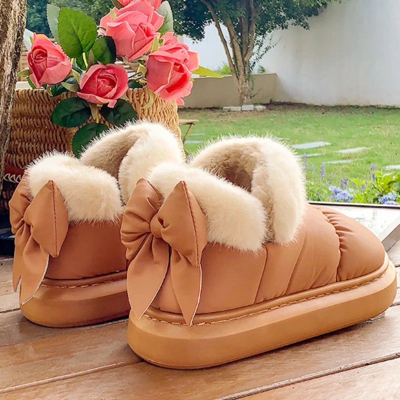 New Women Cute Warm Ankle Boots Ladies Outdoor Non-slip Thick Sole Snow Boot Furry Bow Cotton Shoe Waterproof Plush Boots2024