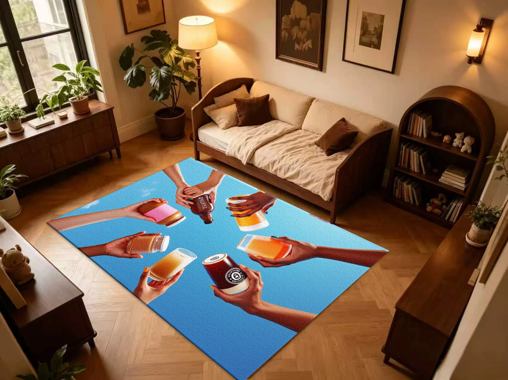 Cheers Party Toasting Hands Art Carpet Flooring, Modern Creative Non-Slip Area Rug for Living Room Bar Home Interior Decor