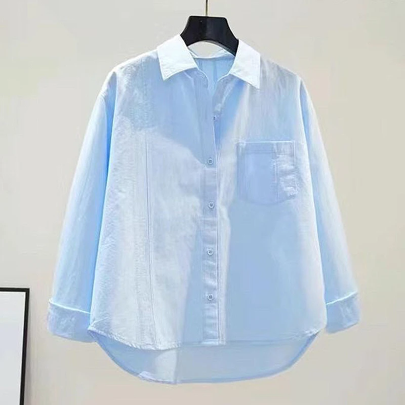 Turn-down Neck Pink Solid Long Sleeved Loose Shirt And Blouse Outerwear Clothing Top Casual Single Breasted Spring Simple OL New