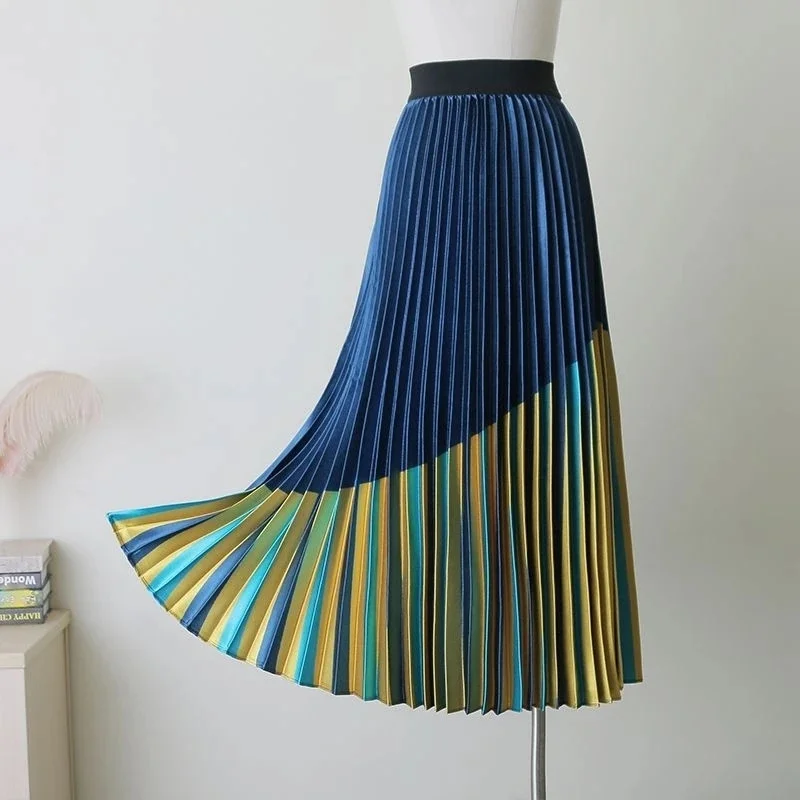

Half length skirts for women 2025 Spring Autumn new blue skirt colorful printed high waist mid length accordion pleated skirt