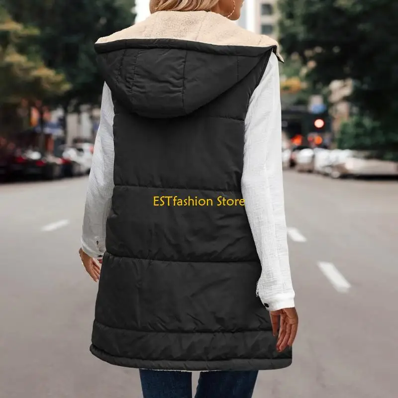 Y5GC Women's Double Sided Hooded Vest Sleeveless Fleece Lined Cold Weather Outerwear