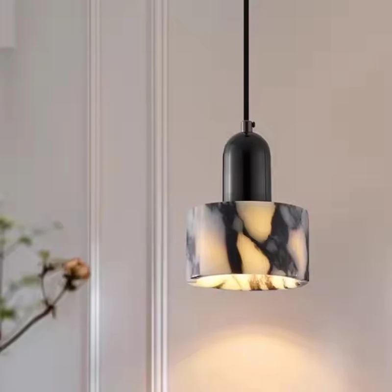 Nordic Marble LED Pendant Light Small Modern Minimalist Bedside Hanging Ceiling Lamp for Bedroom Hotel Living Dining Room Decor