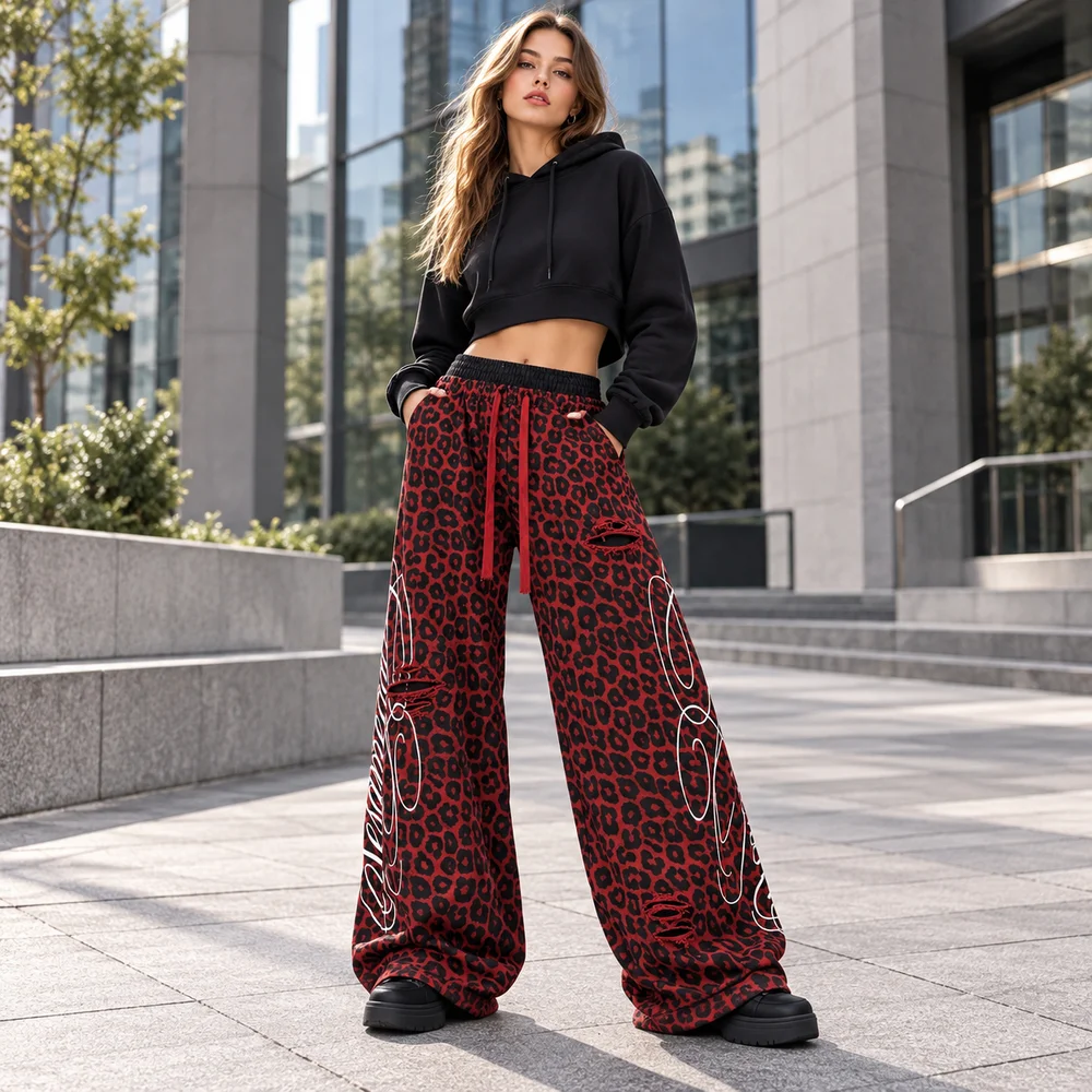 Unisex Red Leopard Wide Leg Pants Double Waist Distressed Graphic Streetwear Full Length Relaxed Streetwear Fit