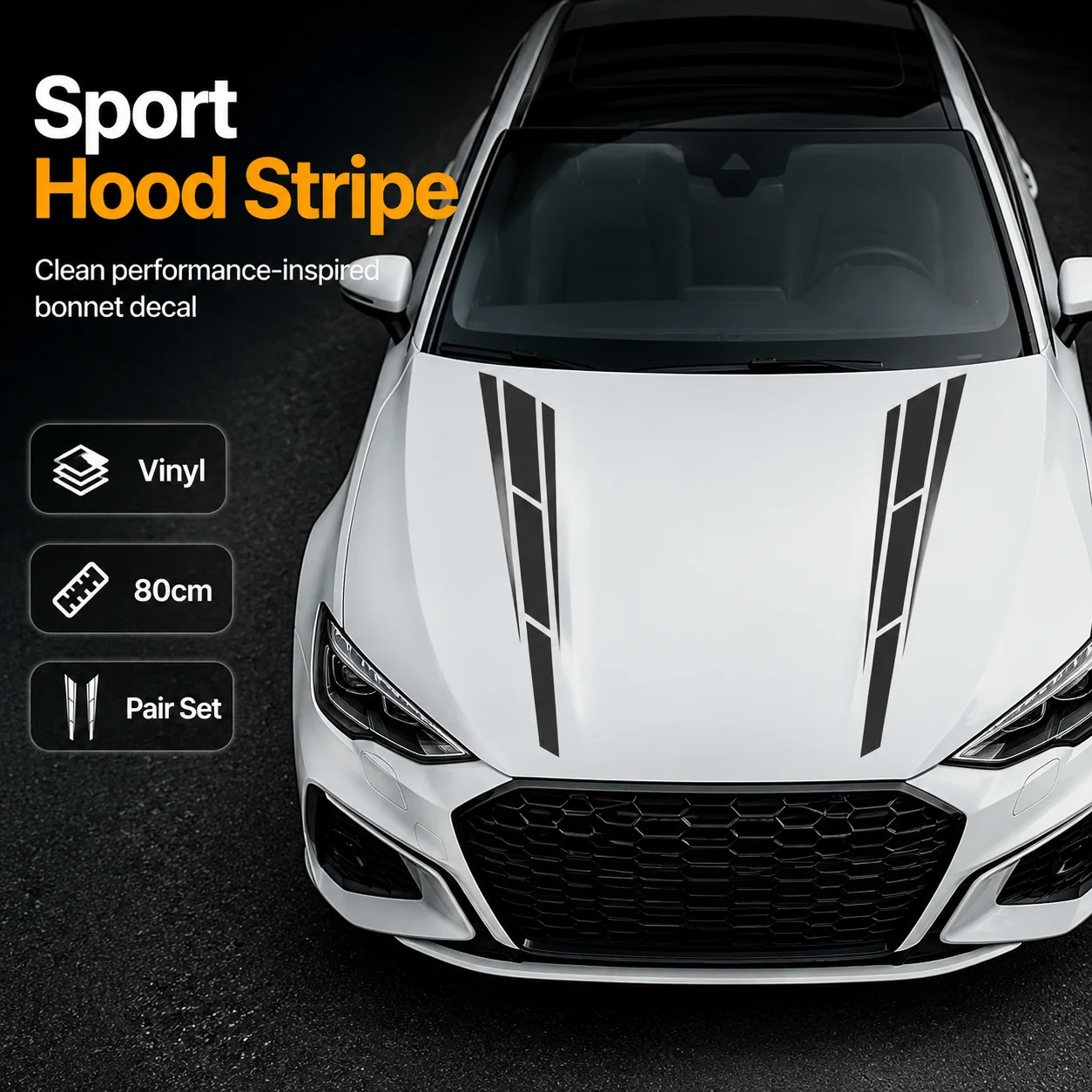 2PCS 80cm Car Hood Racing Stripe Decal Sticker Symmetrical Bonnet Stripes Vinyl Pair Set Waterproof Auto Body Decoration DIY Car