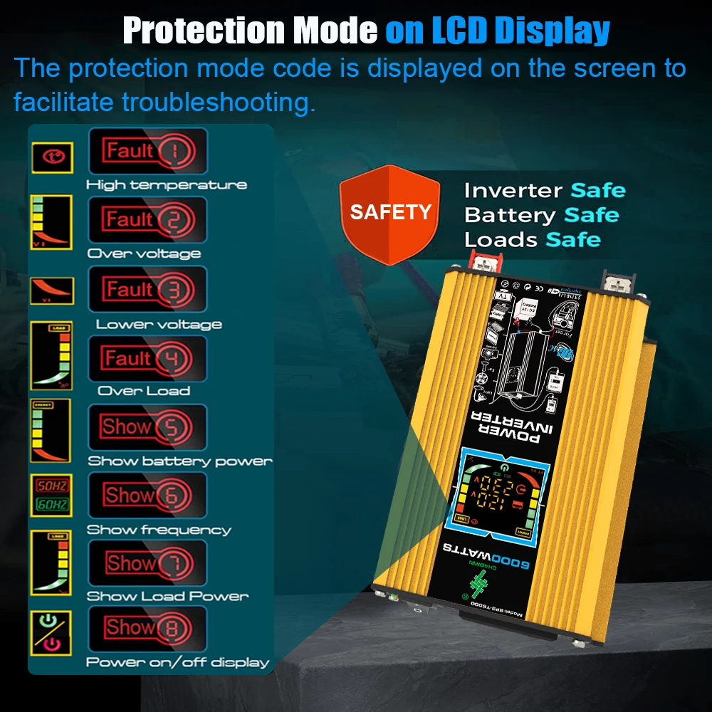 6000W Inverter Conversion Usb Charger With Battery Clip 12V to 220V110V Car Solar Power Converter Voltage Smart LCD Display