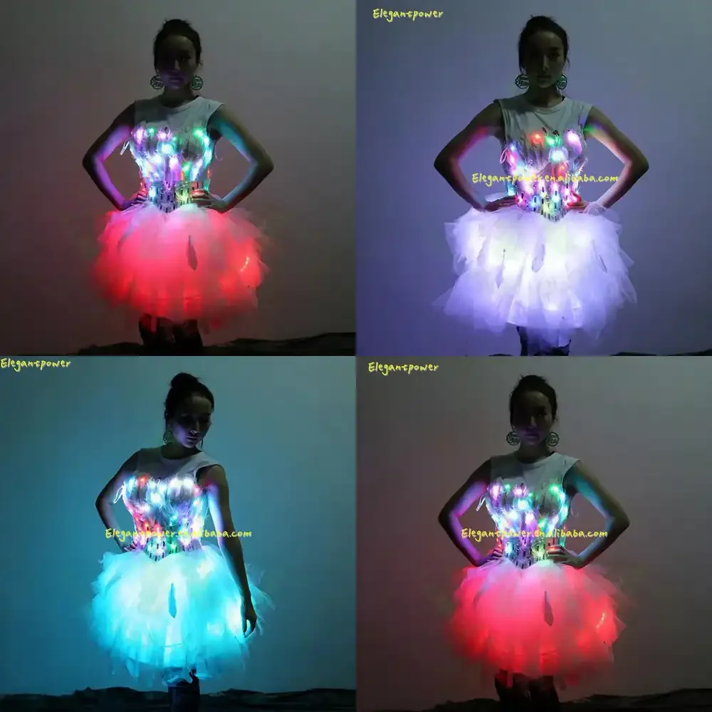 Vestido de Ballet LED Luminoso para Espectáculos de Salón, Club, Escenario, Traje de Bailarina LED para Boda, Vestido Tutú con Luces LED para Baile