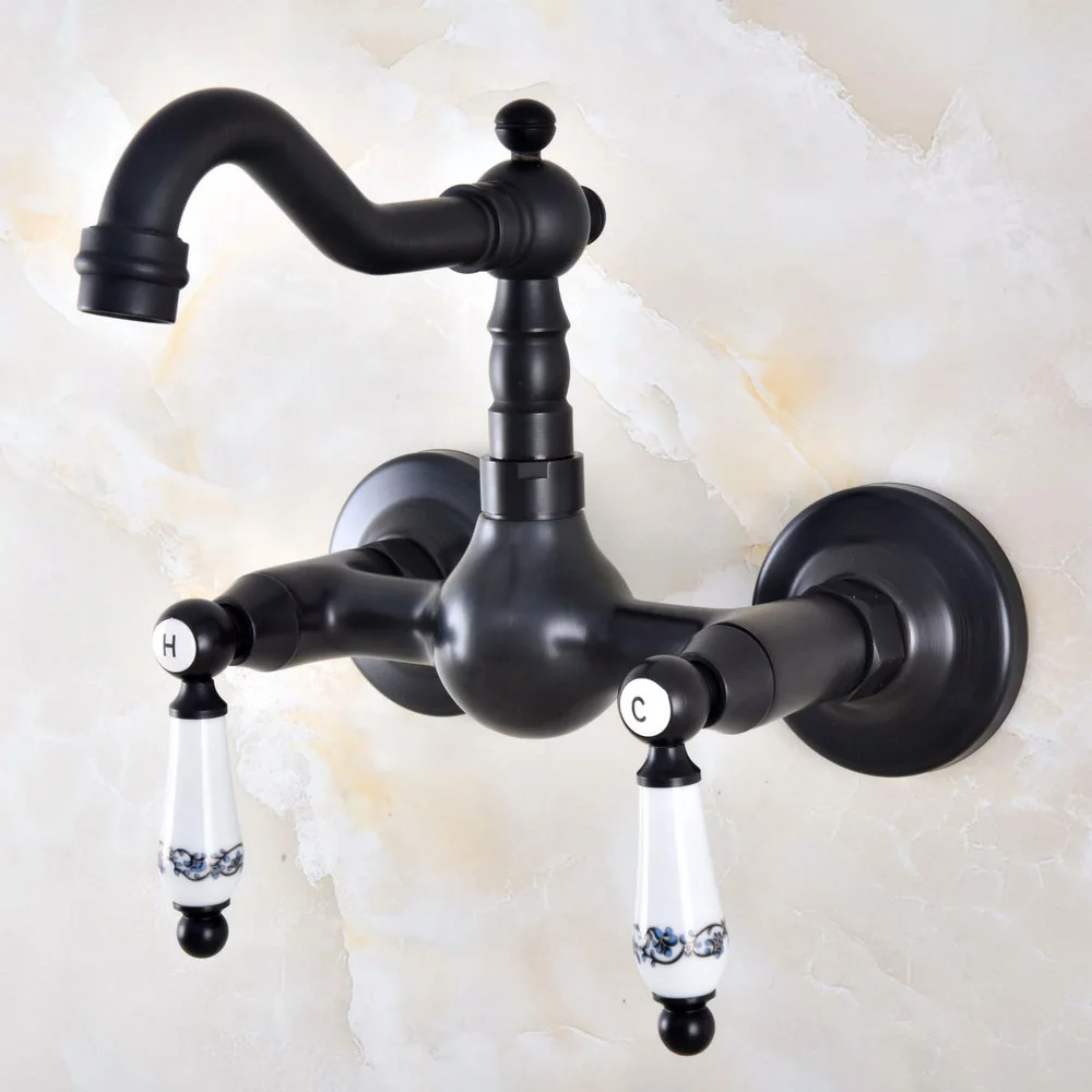 

Black Oil Rubbed Brass Wall Mounted Dual Ceramic Handles Kitchen Sink Basin Mixer Tap / Swivel Spout Vessel Sink Faucets tnf867