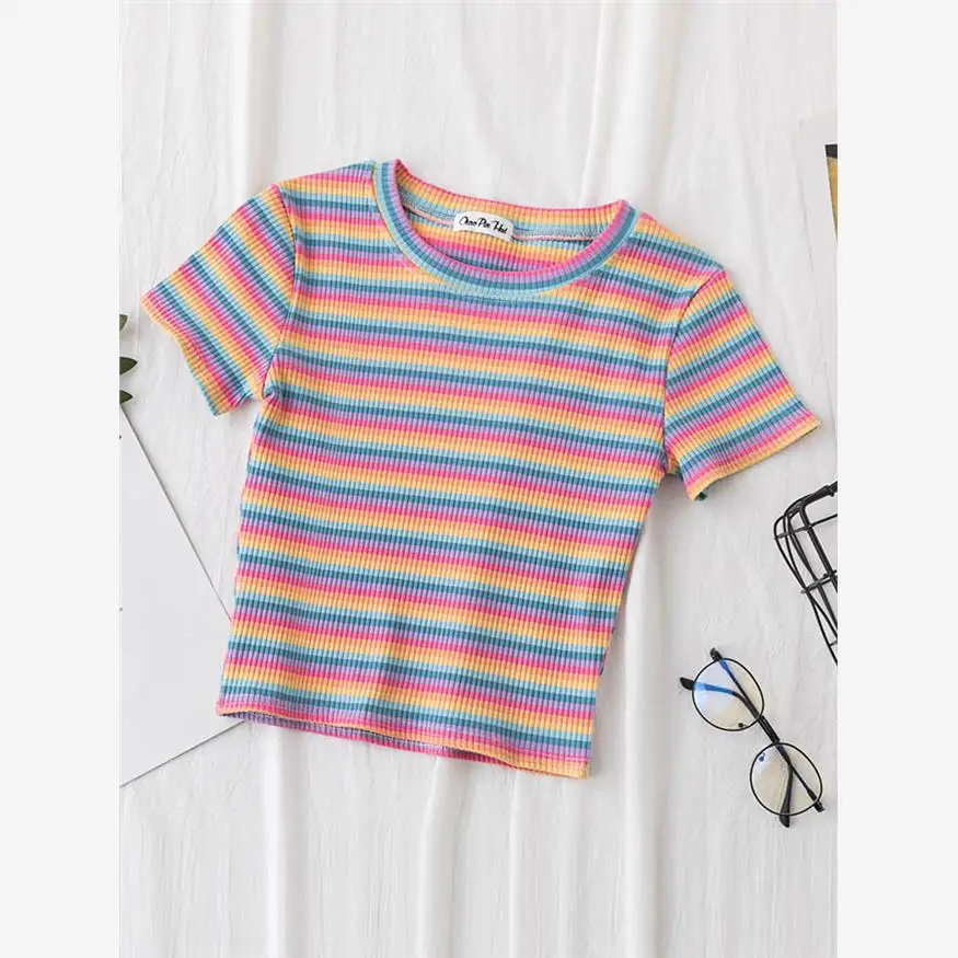 جديد المرأة سليم صالح قوس قزح تي شيرت مخطط Cleanfit Sle ثلاثية الأبعاد تأثير Ciwalk Faion تنفس مريحة السيدات #1