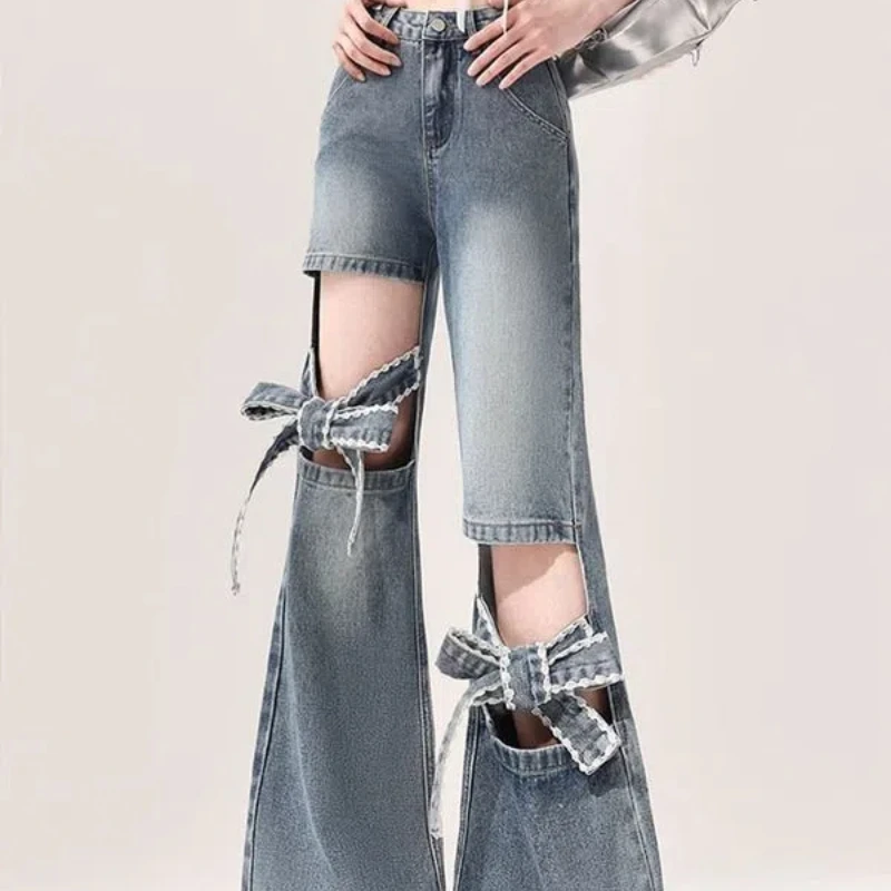 Wearing Ripped Jeans Women's High Waisted Butterfly Wide Leg Pants