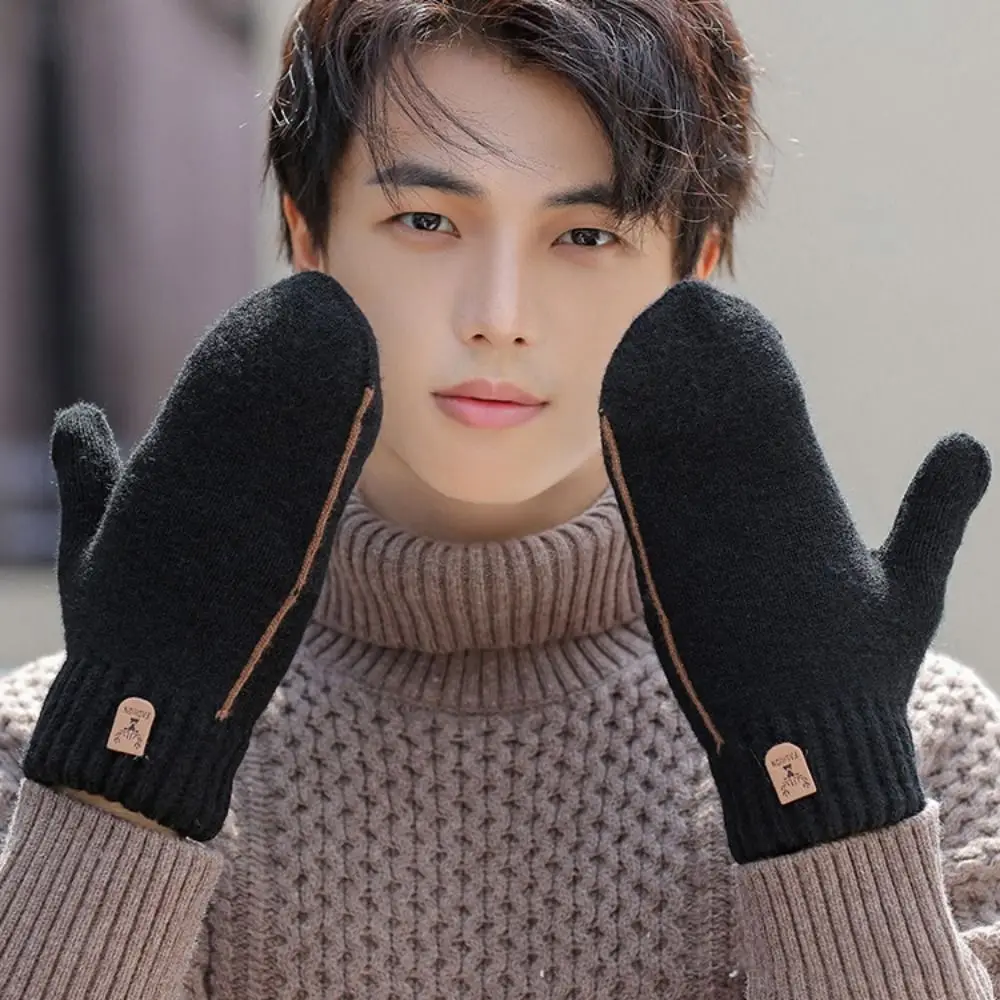 Warm Knitted Men's Gloves Thickened Velvet Finger Mittens Double-layer Winter Gloves Men