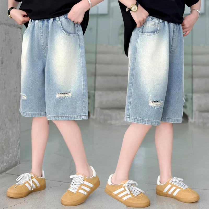 Brief Style Kids Summer Knee Length Ripped Denim Shorts for Tweens Girls Fashion Casual Jeans Capris Pants with Holes Child 5-14