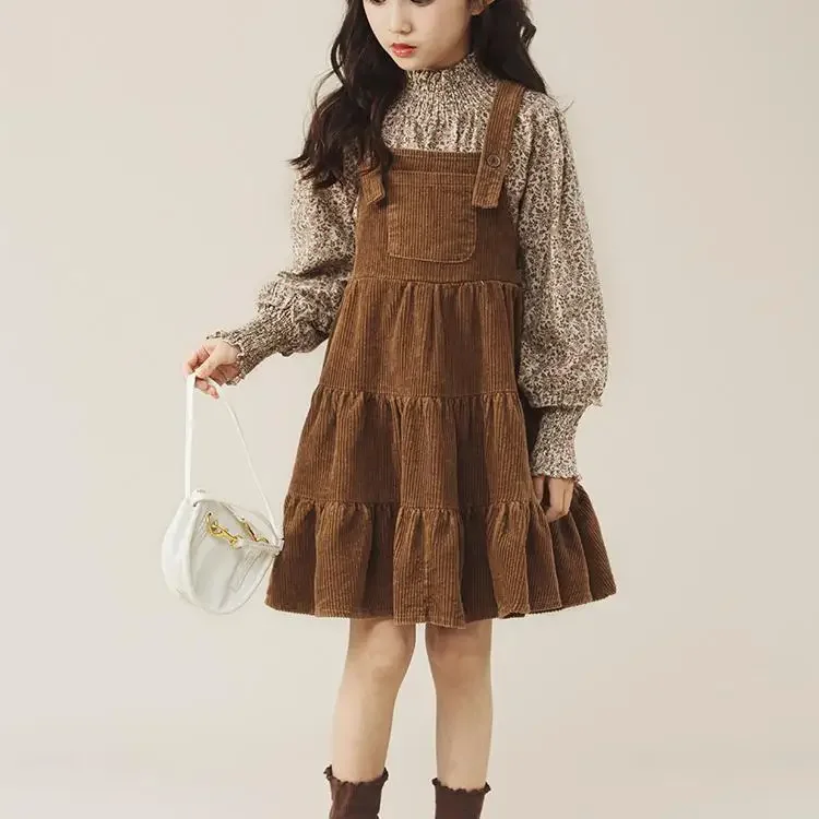 Girls Dress One Piece Suit Spring and Autumn New Fashion Floral Overalls Skirt Two Piece Suit Outer Wear Casual Simple