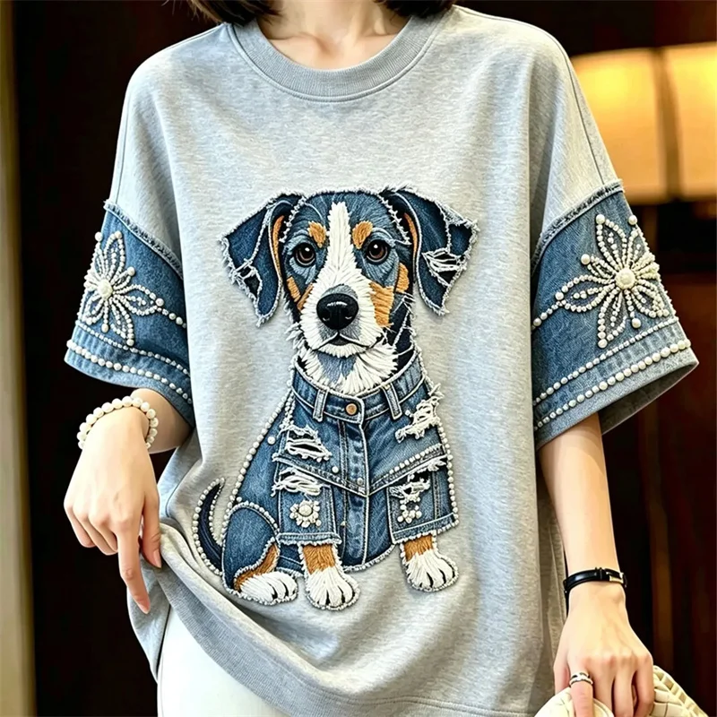 Women T-shirts Blouse Summer Embroidered Puppy Denim Patchwork T-shirt 2026 New Fashion Short Sleeve Retro Round Neck Top Unisex
