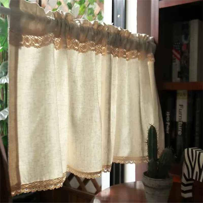 Beige Green Linen Pastoral Shades Curtain Lace Coffee Tea Blinds Kitchen Home Window Drapes Short Small Curtain Gift Warm Curtai