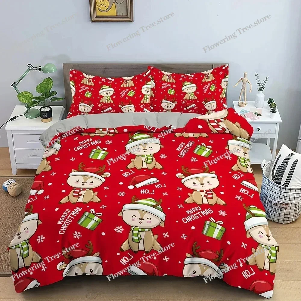 Red Christmas King Queen Duvet Cover Cartoon Santa Claus Bedding Set for Kid Boy Girl Happy Holiday Polyester Quilt Cover